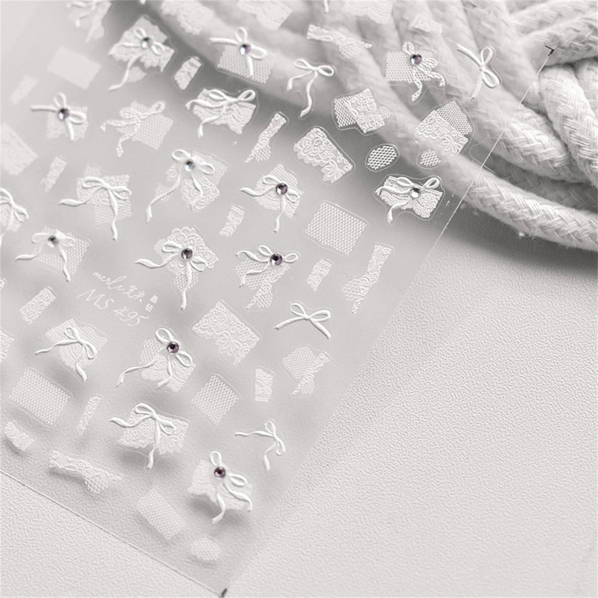 1pcs 5D Diamond Japanese White Lace Bow Nail Art Stickers Pearl Rhinestones Nail Decoration Adhesive Decals Slider DIY Accessory