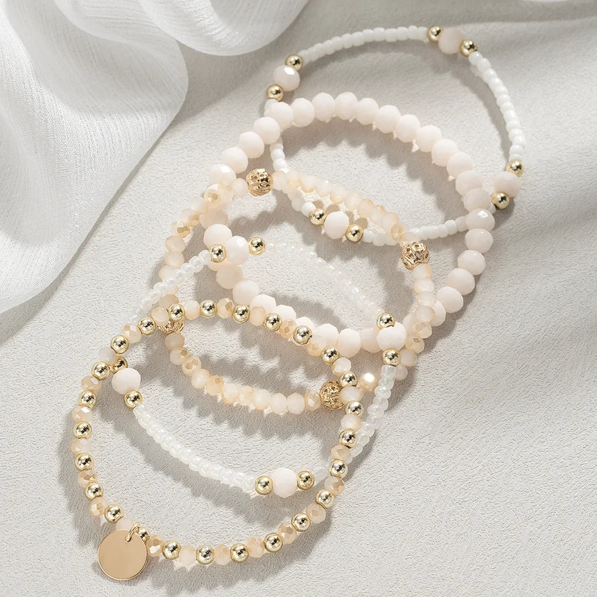 5Pcs Fashion Resin Beaded Bracelet Set For Women Round Piece Charm Elastic Bead Chain Bangle Wrist Strap Female Vacation Jewelry