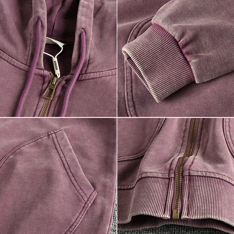 Heavy wash vintage high street trend hoodie men's chunky wool cotton comfort cardigan coat