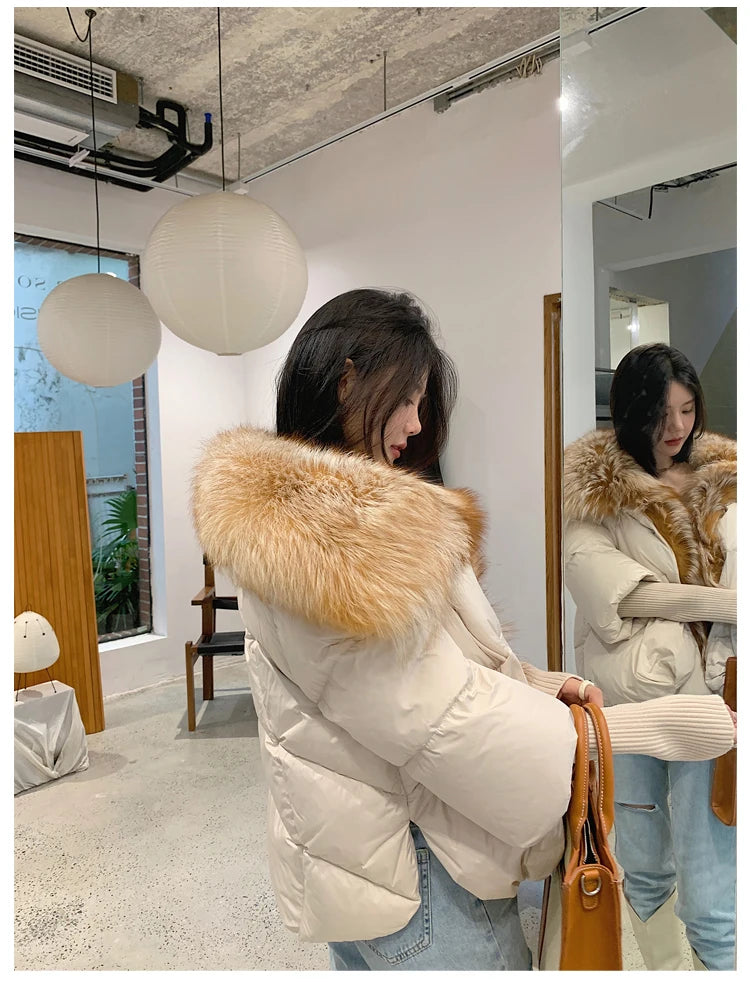 Oversized Winter Warm Real Fox Fur Collar Black Down Coat Women Puffer Outerwear Jackets 2024 Autumn Winter