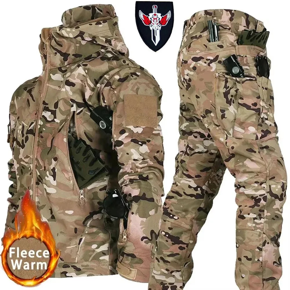 New Men's Winter Jacket Tactical  Sets Fleeced Sharkskin Windproof Waterproof Padding Suits Paintball Uniform Pockets Camo