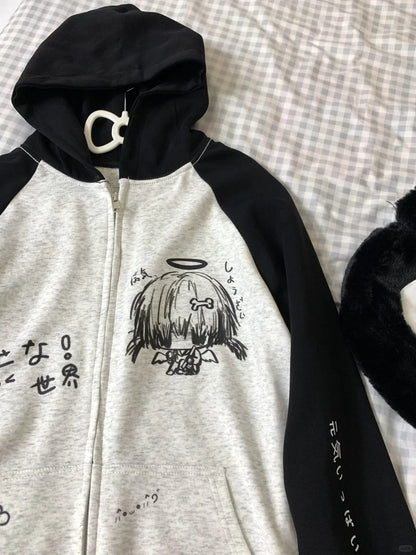 Zip Up Hoodie Cartoon Japanese Grunge Sweatshirt Women Clothing Streetwear Anime Print Jackets Y2k Tops Casual Loose Outerwear