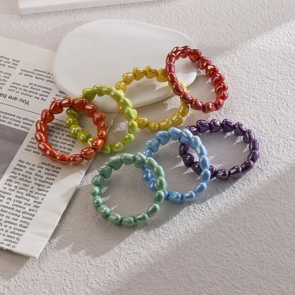 Sweet Fashion Dopamine Colorful Glossy Resin Heart Handmade Bead Elastic Bracelets for Women Summer Beach Stackable Jewelry Gift