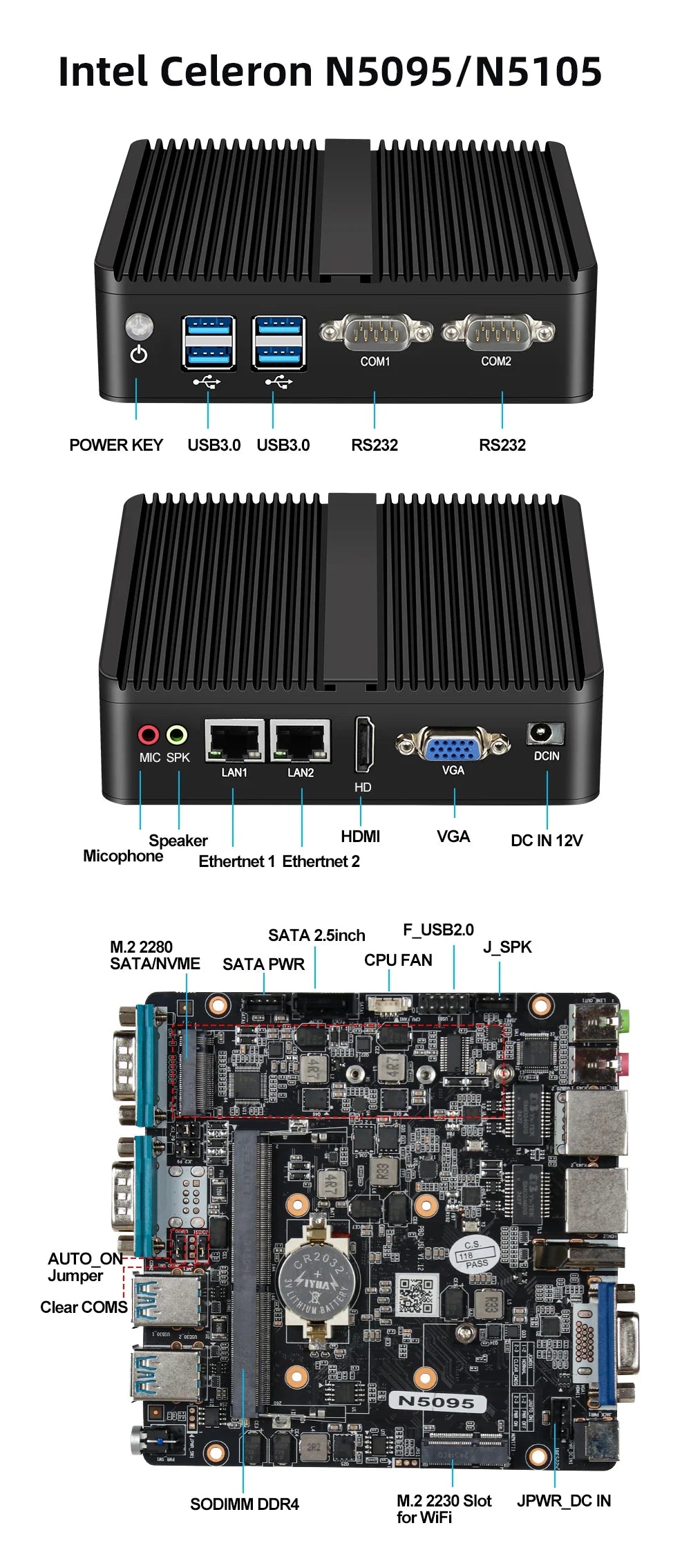 XCY Fanless Mini PC Intel Celeron J6412 N5095 2x GbE LAN 2x RS232 HDMI VGA WiFi 4G LTE Windows 10 Linux Industrial Computer