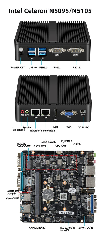 XCY Fanless Mini PC Intel Celeron J6412 N5095 2x GbE LAN 2x RS232 HDMI VGA WiFi 4G LTE Windows 10 Linux Industrial Computer
