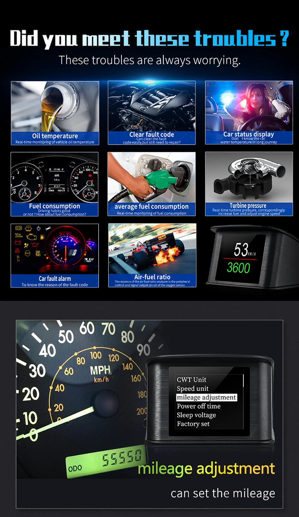 Updated P10-PRO OBD2 HUD With Russia Korean Language Smart Digital Meter On Board Computer Digital Speedometer Overspeed Alarm