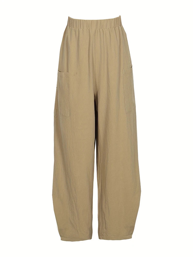 Plus Size Women's Cotton-Linen Harem Trousers Retro Loose-Fit Casual Trousers Elasticated Waistband Workwear Wide-Leg Trousers
