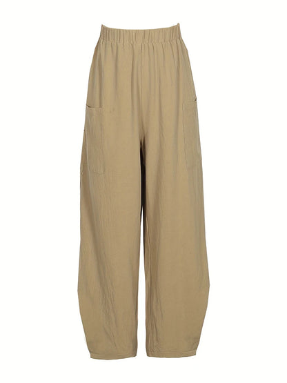 Plus Size Women's Cotton-Linen Harem Trousers Retro Loose-Fit Casual Trousers Elasticated Waistband Workwear Wide-Leg Trousers