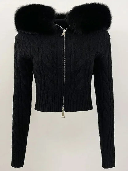 Fashion Natural Fox Fur Collar with Knitted Sweater Women Casual Sweater 2025 New Spring Autumn Slim Fit Elastic Oversized Coat