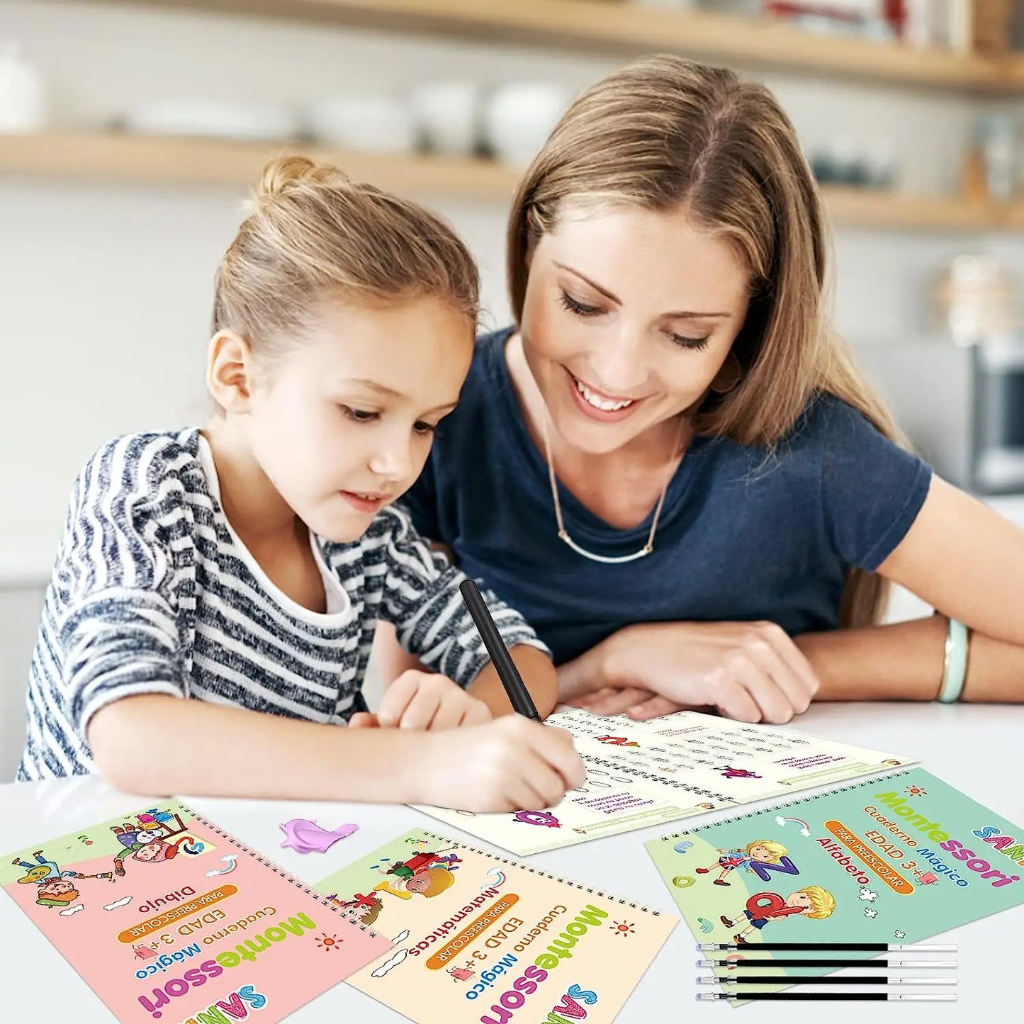 4 Books Spanish Montessori Magic Practice Copybook Set Reusable Handwriting Tracing Workbook Alphabet Number Math Drawing