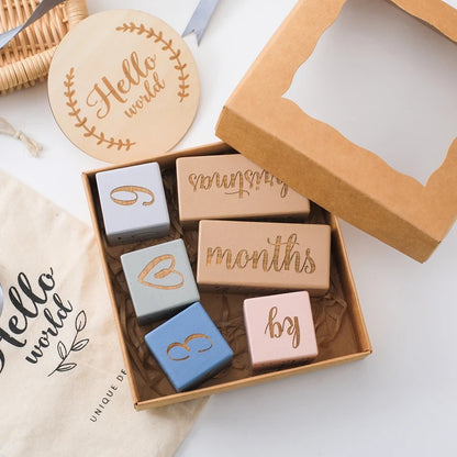 Baby Milestone Memorial Beech Wooden Blocks Quadrate Engraved Newborn Grow up Milestones Commemorate Block Photography Props