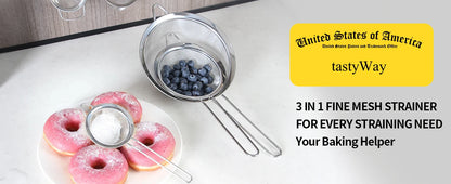 tastyWay 3pcs/set Stainless Steel Fine Mesh Strainers Multipurpose Flour Sifter For Baking With Handle Flour Sieve Sifter Baking