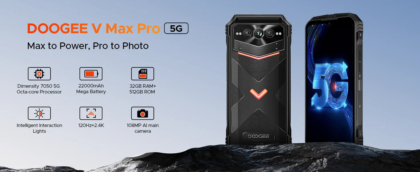 DOOGEE V Max Pro 5G Rugged Phone Dimensity 7050 6.58'' 120Hz 22000mAh Large Battery 12GB+512GB Lighting Effects 5g Smartphone
