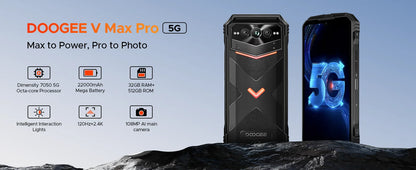 DOOGEE V Max Pro 5G Rugged Phone Dimensity 7050 6.58'' 120Hz 22000mAh Large Battery 12GB+512GB Lighting Effects 5g Smartphone