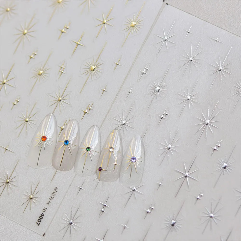 1pcs Sparkle 5D Embossed Star Nail Sticker Metallic Silver Starlight Nail Decals 8*10cm Adhesive Manicure Slider Supplies #Y2K