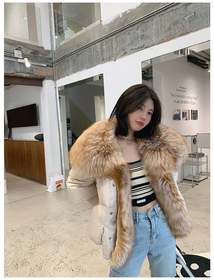 Oversized Winter Warm Real Fox Fur Collar Black Down Coat Women Puffer Outerwear Jackets 2024 Autumn Winter