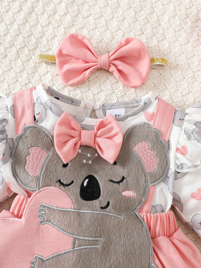3D Koala Cute One-Piece Tulle Dress + Bow Headband, Pink and Gray, Fresh and Adorable, Perfect for Cute Photos, Princess Outfit