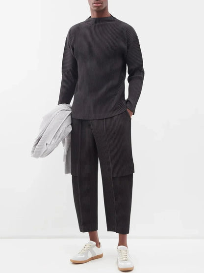 Miyake Pleated Men Cargo Pants Pleated Straight Pants Loose Overalls Men Baggy Black Trousers Fashion Casual Streetwear Pants