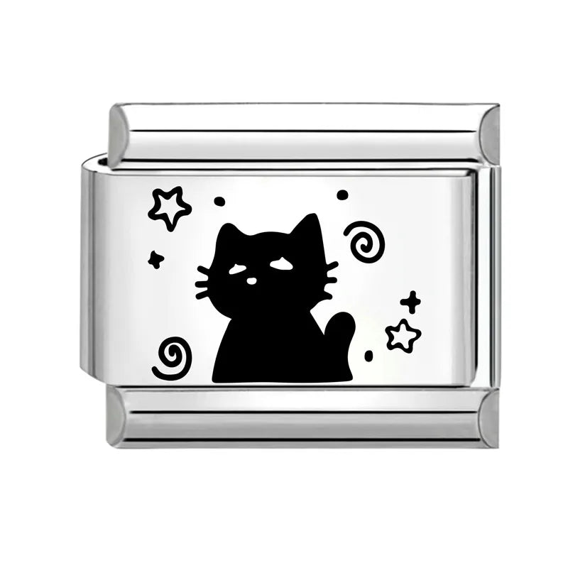 Laser Engraving Cute Cartoon Black Playing Cats Italian Charm Links Fit 9mm Stainless Steel Bracelet Men Women DIY Making Gifts
