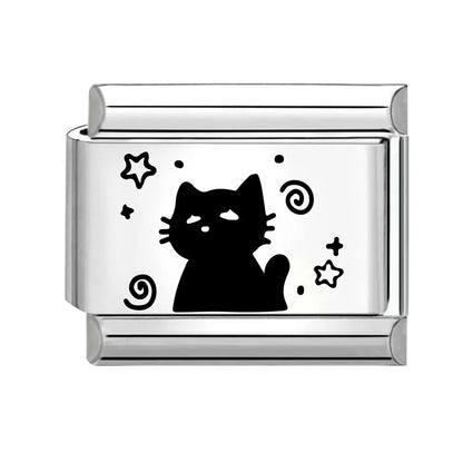 Laser Engraving Cute Cartoon Black Playing Cats Italian Charm Links Fit 9mm Stainless Steel Bracelet Men Women DIY Making Gifts