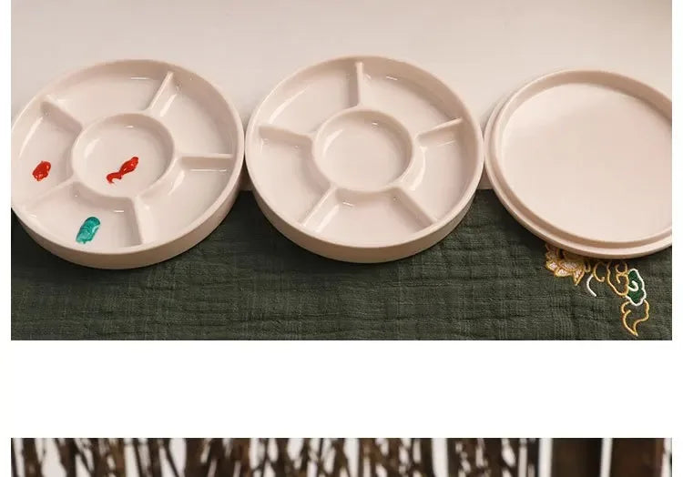 Imitation Porcelain Round Palette with Lid Acrylic Watercolor Painting Multifunctional White Paint Tray Artist Supplies