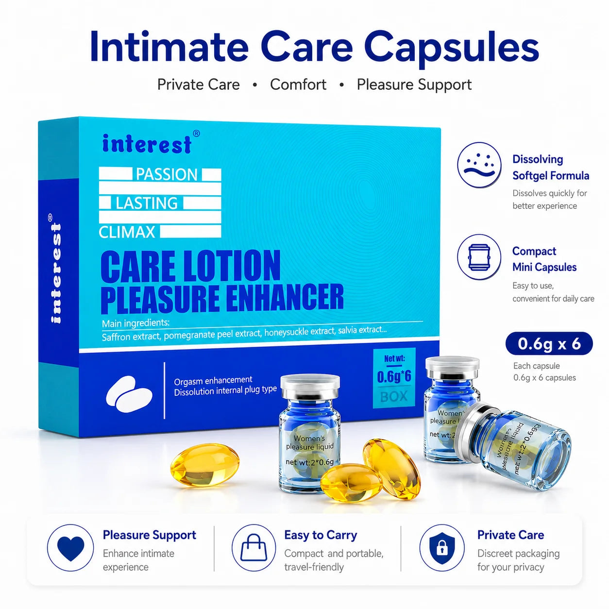 Hot Mini Intimate Pleasure Support Capsules for Women,6pcs Dissolving Softgel Care Lotion for Lubrication, Sensitivity & Comfort