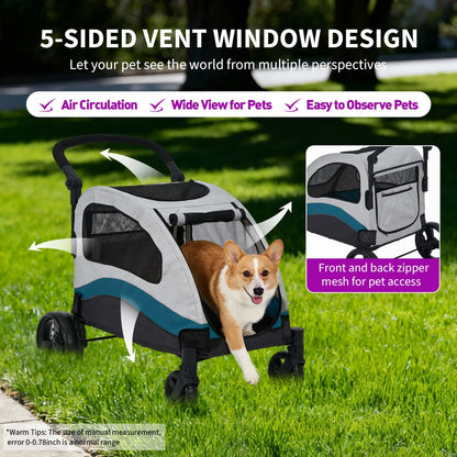 Heavy Duty Pet Wagon & Large Dog Stroller , Collapsible Dog Cart with Adjustable Handle, Breathable Mesh and Storage Pockets