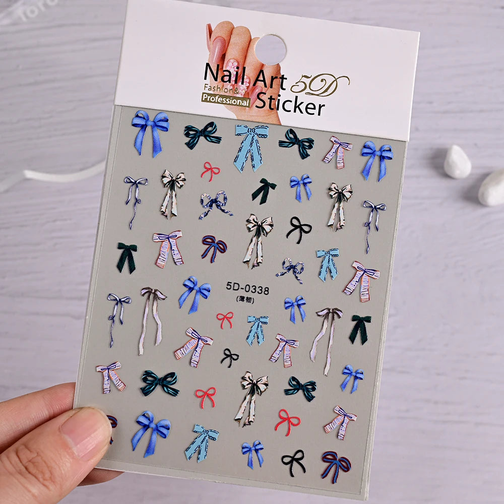 1pcs 5D White Lace Bowknot Nail Art Sticker Sweet Pearl  Bow Ribbon Self-Adhesive Nail Slider DIY Luxury Nail Decorations Decals