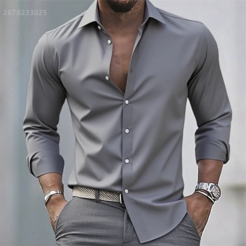 Solid Color Men's Casual White Shirt, Fashionable Casual Long Sleeve Stretch Fabric, Business Formal Shirt, Comfortable Fabric
