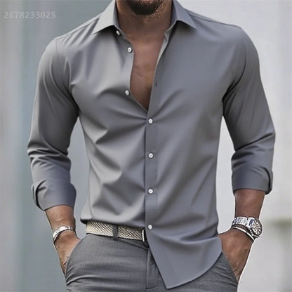 Solid Color Men's Casual White Shirt, Fashionable Casual Long Sleeve Stretch Fabric, Business Formal Shirt, Comfortable Fabric