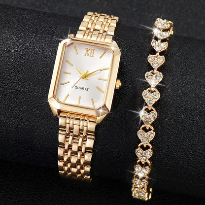 2PCS Fashion Rectangle Women Quartz Watch Rhinestone Bracelet Set Roma Dial Ladies Wristwatches Girls Clock Reloj Mujer