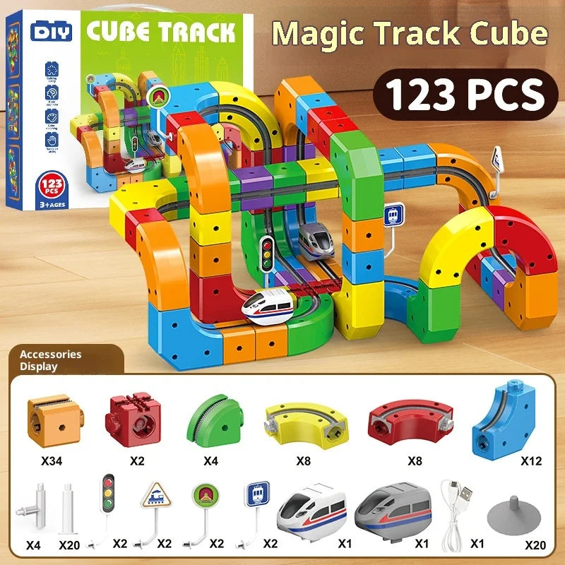 Electric Magnetic Track Set STEM Building Toy with Anti-Gravity Vehicles 100+ Pieces DIY Railway Model Creative Gift for Kids
