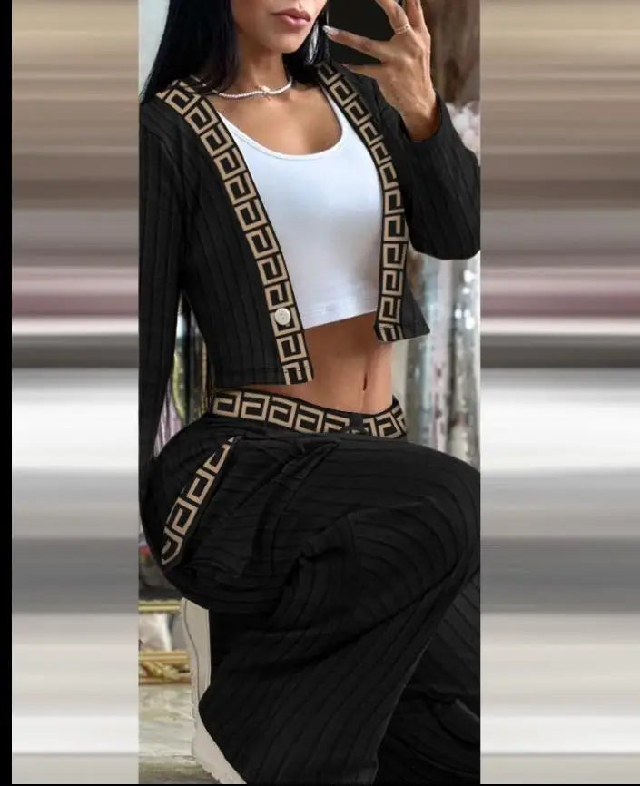 Autumn Fashionable And Elegant Solid Color Women's Suit Long-sleeved V-neck Short Coat Pocket Wide-leg Drawstring Trousers Suit