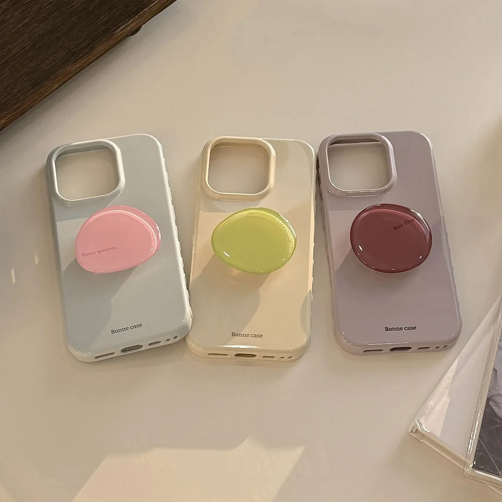 Korean INS Cute Solid Color Phone Case for iPhone 17 16 15 14 13 12 Pro Max Shockproof Protection Back Cover with Bracket