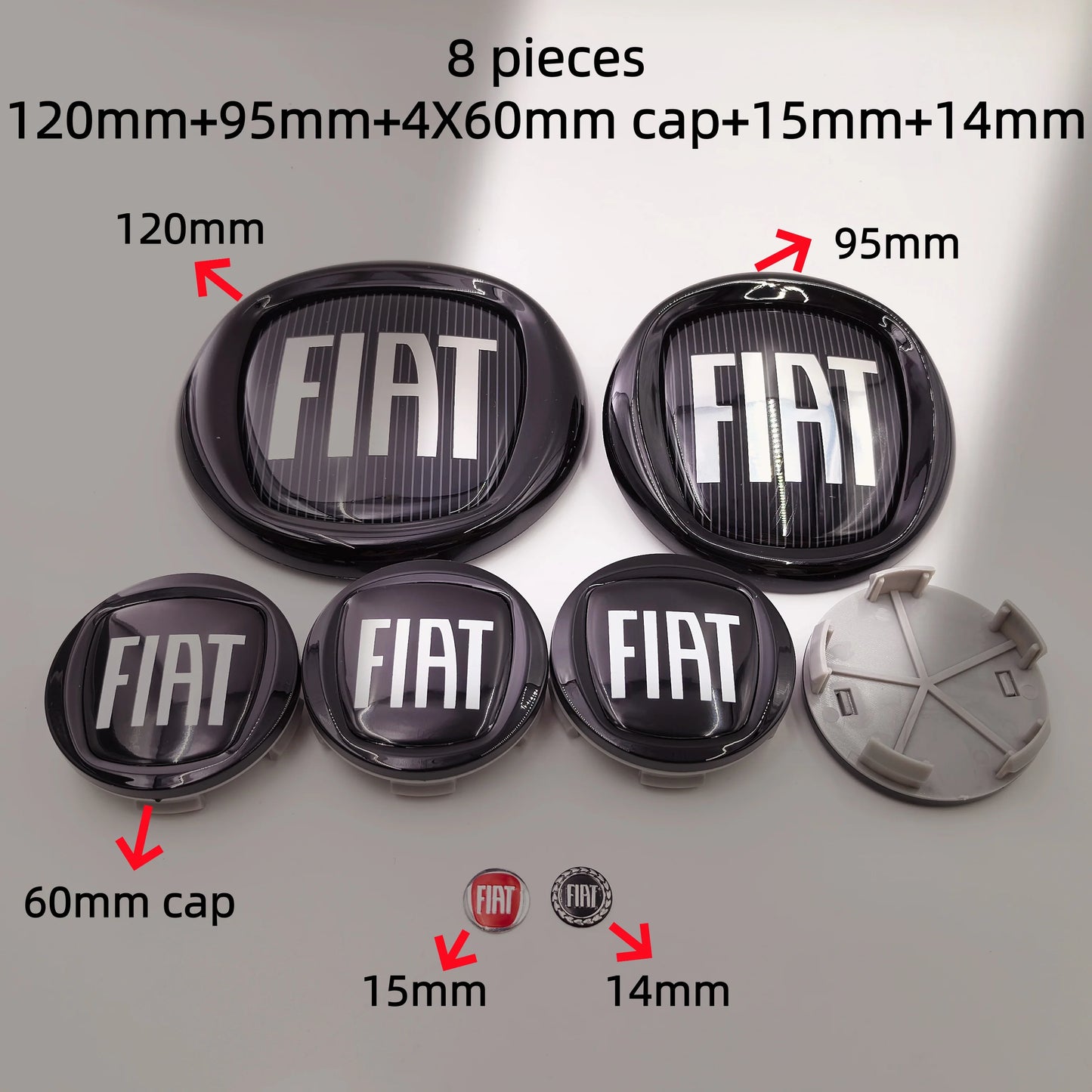 8pcs Fiat 500 Car Front Hood Emblem Rear Trunk Badge 95mm 120mm 12cm Wheel Center Logo Hub Cap 50mm 56mm 60mm 5cm 6cm