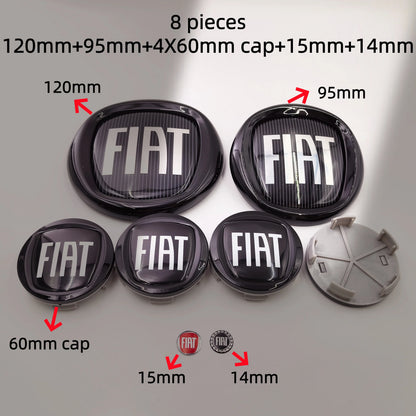 8pcs Fiat 500 Car Front Hood Emblem Rear Trunk Badge 95mm 120mm 12cm Wheel Center Logo Hub Cap 50mm 56mm 60mm 5cm 6cm