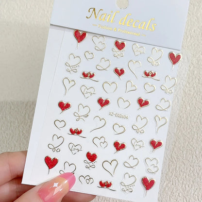 3D Valentine's Day Love Heart Nail Art Sticker Red White Cross Stars Self-Adhesive Nail Decals 8*10cm Kawaii Heart Nail Sticker