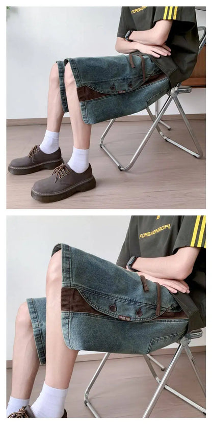 Mens Loose Fit Summer Denim Shorts Elastic Waist Washed Blue Side Personality Design Casual Comfortable Fashion Trendy Outdoor