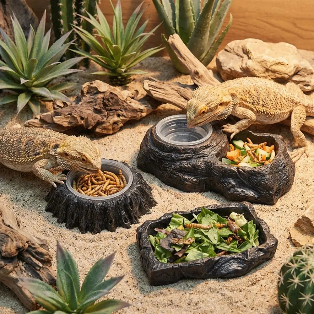 Imitation Stone Resin Rock Feeder Dish Wear Resistant Anti-knock Pet Feeder Ledge with Bowls Wide Mouth Reptile Food Bowl