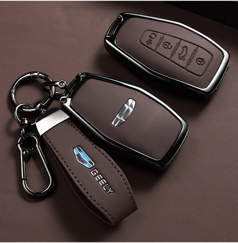 Car Zinc Alloy Leather Key Case Cover Holder Chain For Geely Okavango Coolray Atlas Monjaro Tugella Emgrand GT S Proton X50 X70
