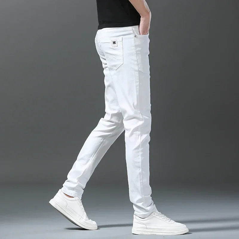 2026 Spring New Men Slim Jeans 98% Cotton White Stretch Straight Casual Fashion Pencil Pants High Quality Trousers Male Clothes