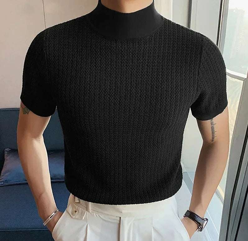 Summer New Casual Simple Knitted Base Shirt European and American Men's High Neck Water Ripple Solid Color T-Shirt