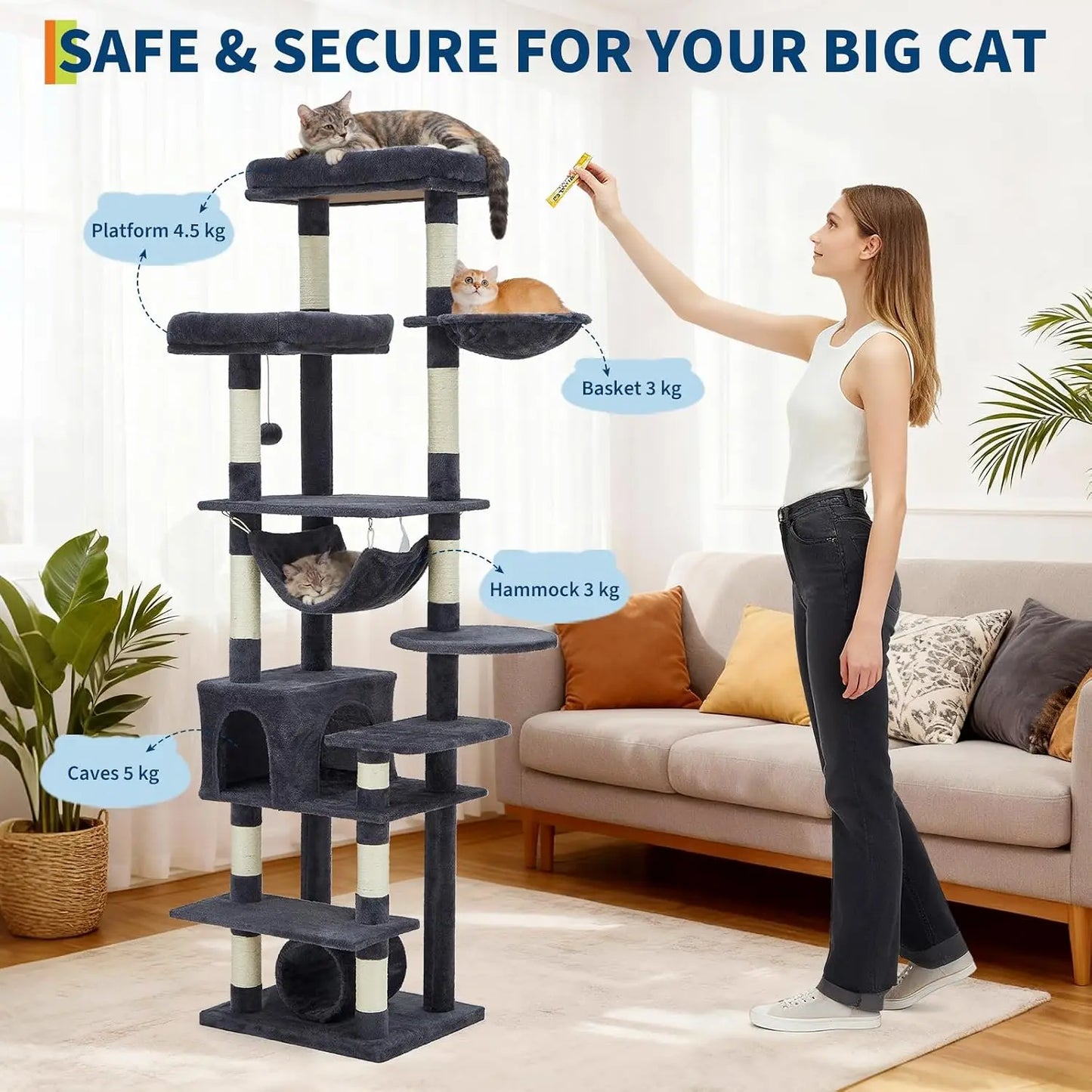 Garvee 188cm Extra Tall Multilevel Cat Tree Tower, Indoor Large Cat Climbing Activity Center with Cat Condos, Sisal Scratching Posts & Soft Hammock for Kittens and Adult Cats