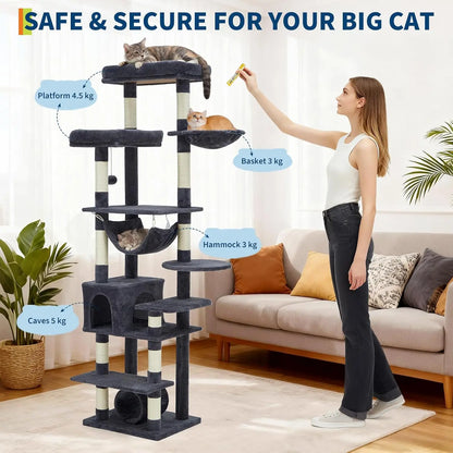 Garvee 188cm Extra Tall Multilevel Cat Tree Tower, Indoor Large Cat Climbing Activity Center with Cat Condos, Sisal Scratching Posts & Soft Hammock for Kittens and Adult Cats