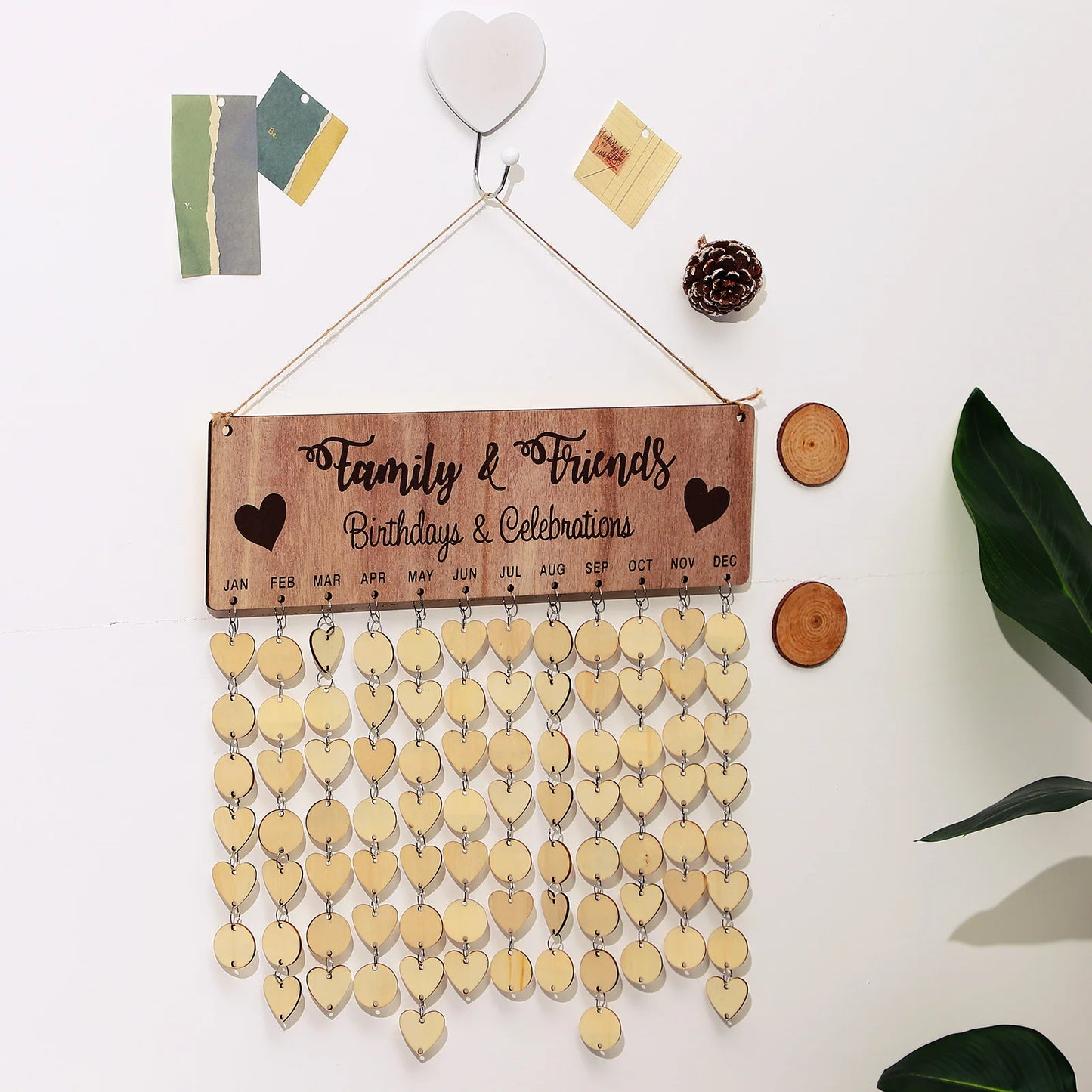 Wooden Birthday Calendar DIY Family Wall Decor Countdown Hanging Board 100 Wood Discs for Home Office Classroom