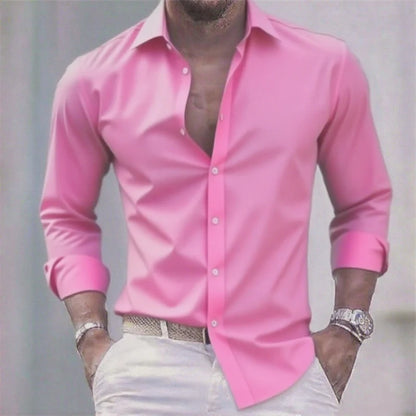 Solid Color Men's Casual White Shirt, Fashionable Casual Long Sleeve Stretch Fabric, Business Formal Shirt, Comfortable Fabric