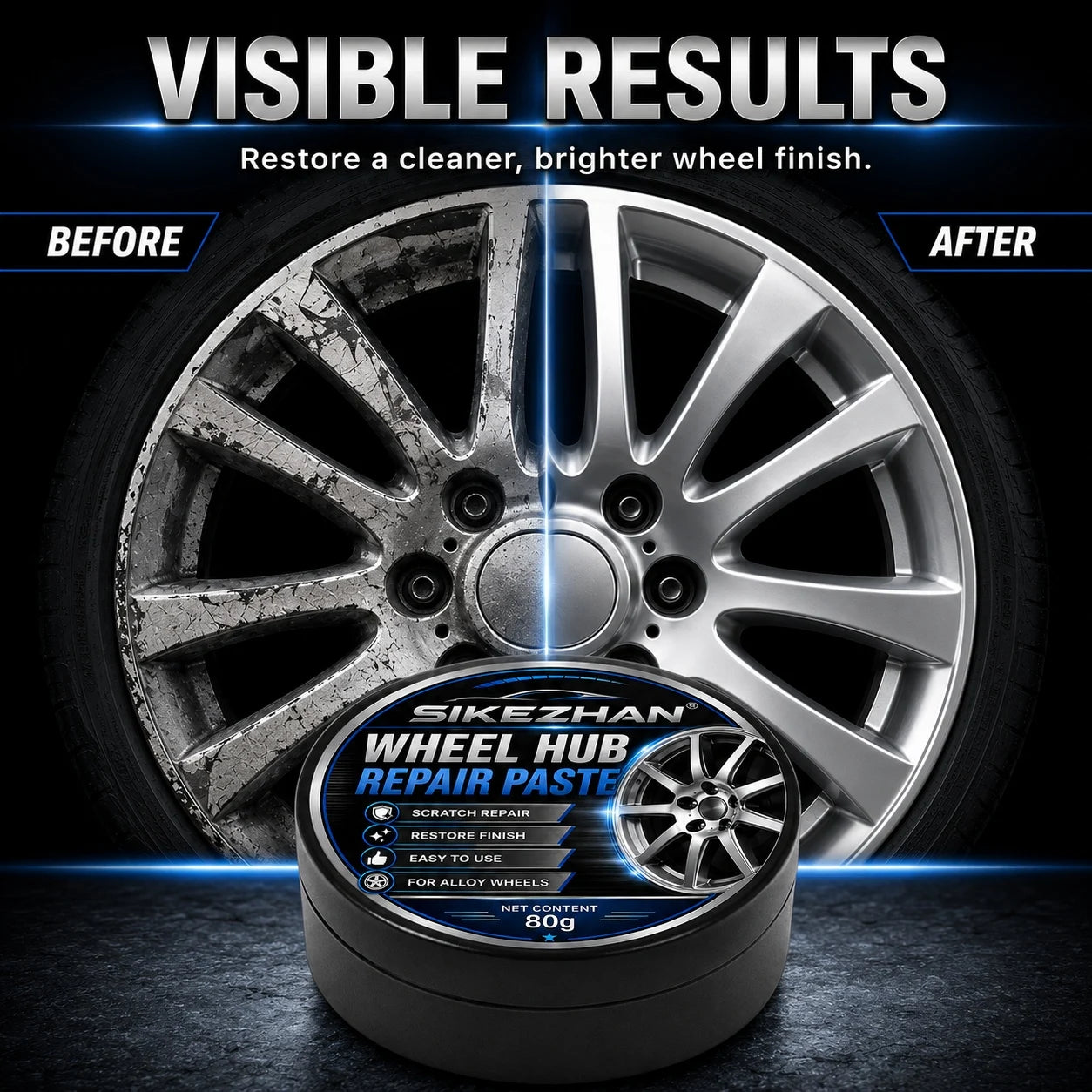 SIKEZHAN 80g Car Wheel Hub Repair Paste,Scratch & Oxidation Remover, Color Restorer and Polish Wax for Alloy Chrome Rims & Tires
