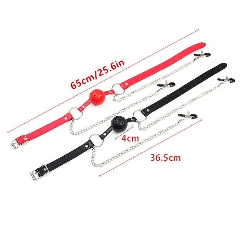 Erotic Toy PU Leather Mouth Gag Ball Oral Sex With Chain Clip Breast Nipple Clamps Bondage Harness Sex Toys Adult Games