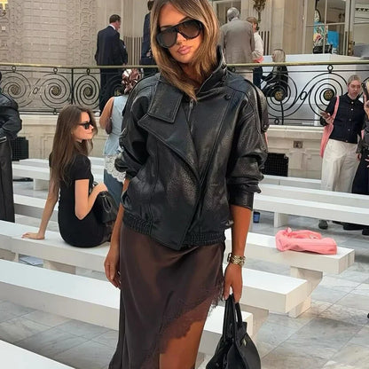 Women's Faux Leather Jacket 2025 New Fashion Autumn Black Long Sleeve Pebble Jacket Motorcycle Style Personality Ladies Jacket