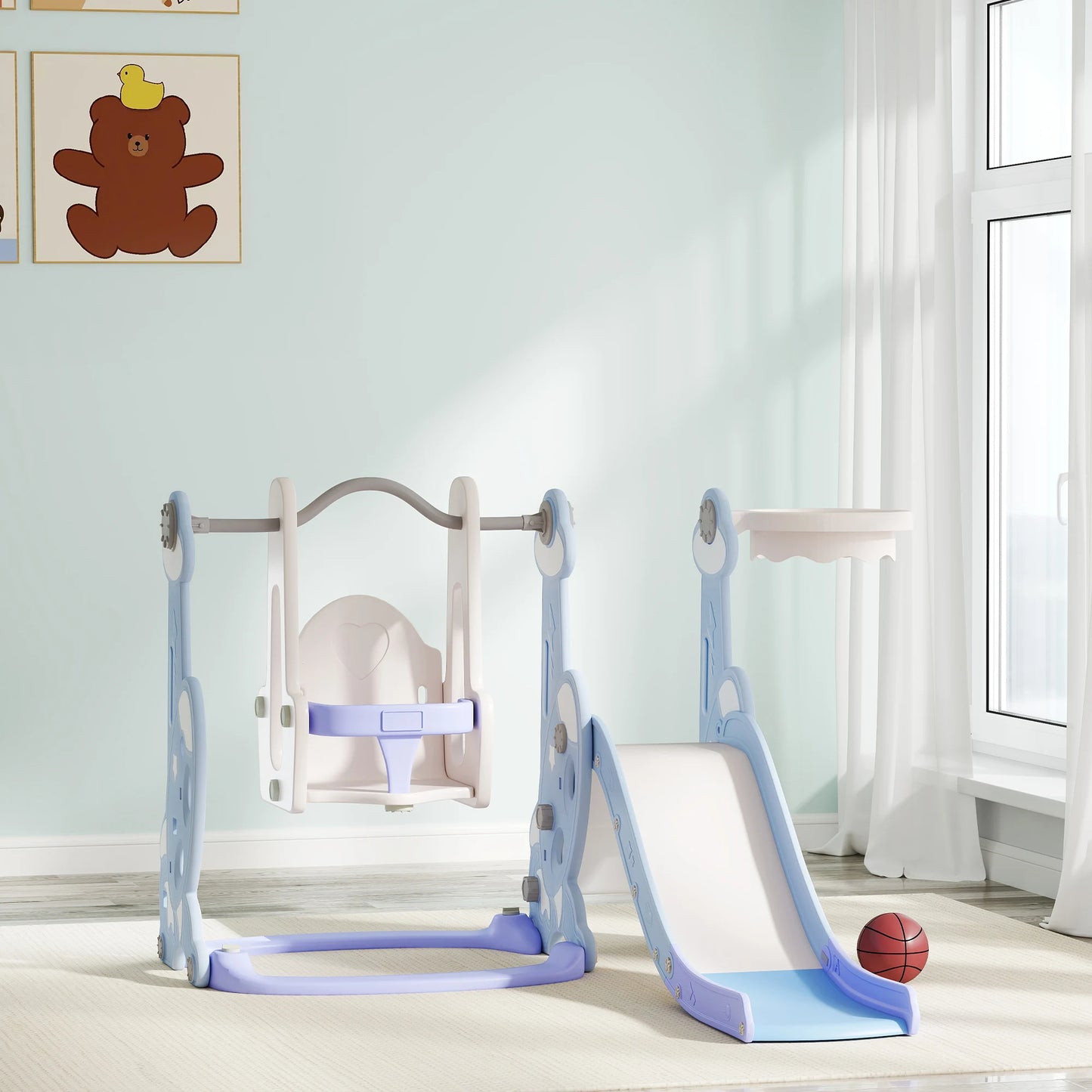 4-in-1 children’s play set with a slide, swing, climbing wall, and hoop, 147.5x160x107 cm, light blue